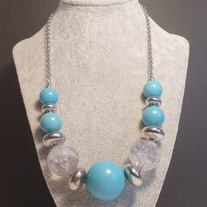 PAPARAZZI Daytime Drama Necklace. Turquoise Blue/Silver-tone, Cloudy Clear Beads